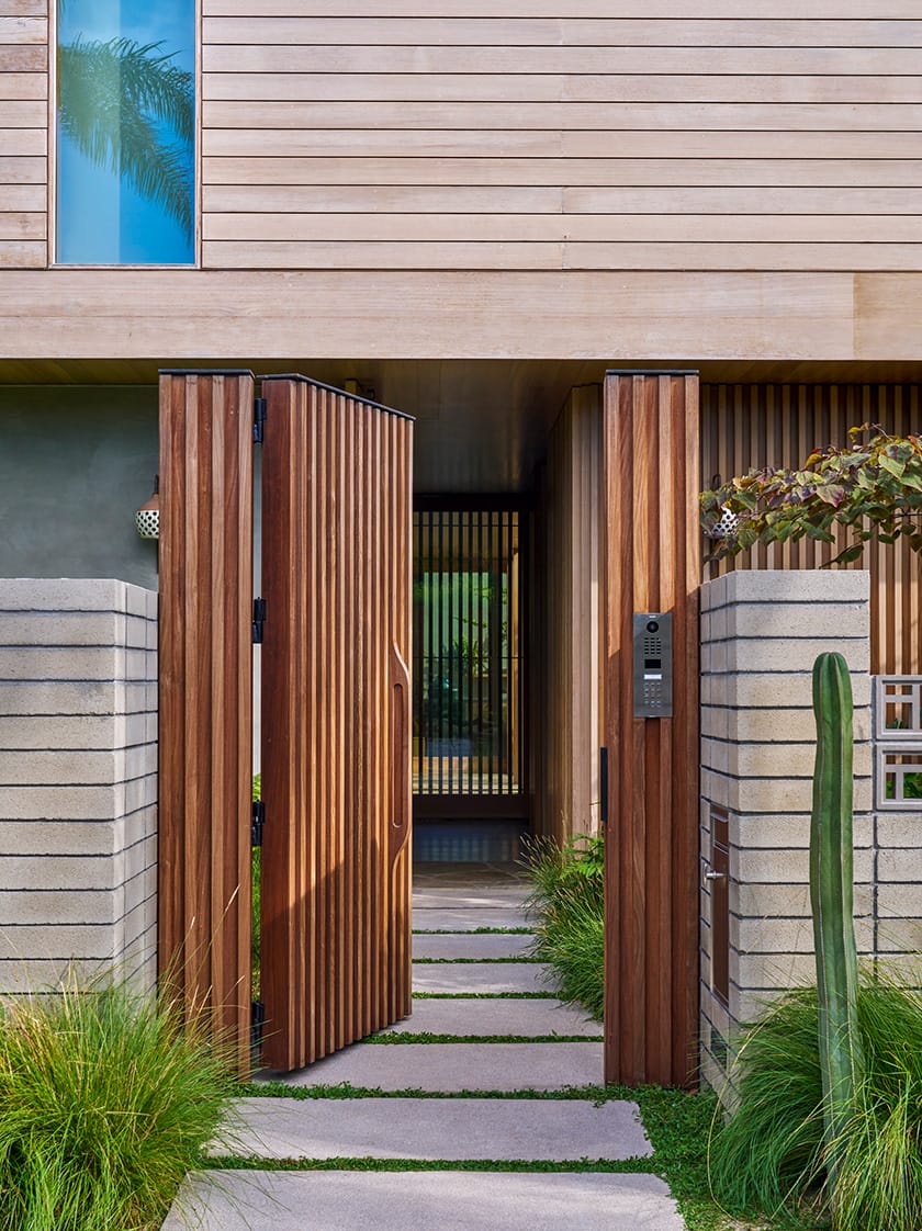 wood paneled front door of house in venice beach, california