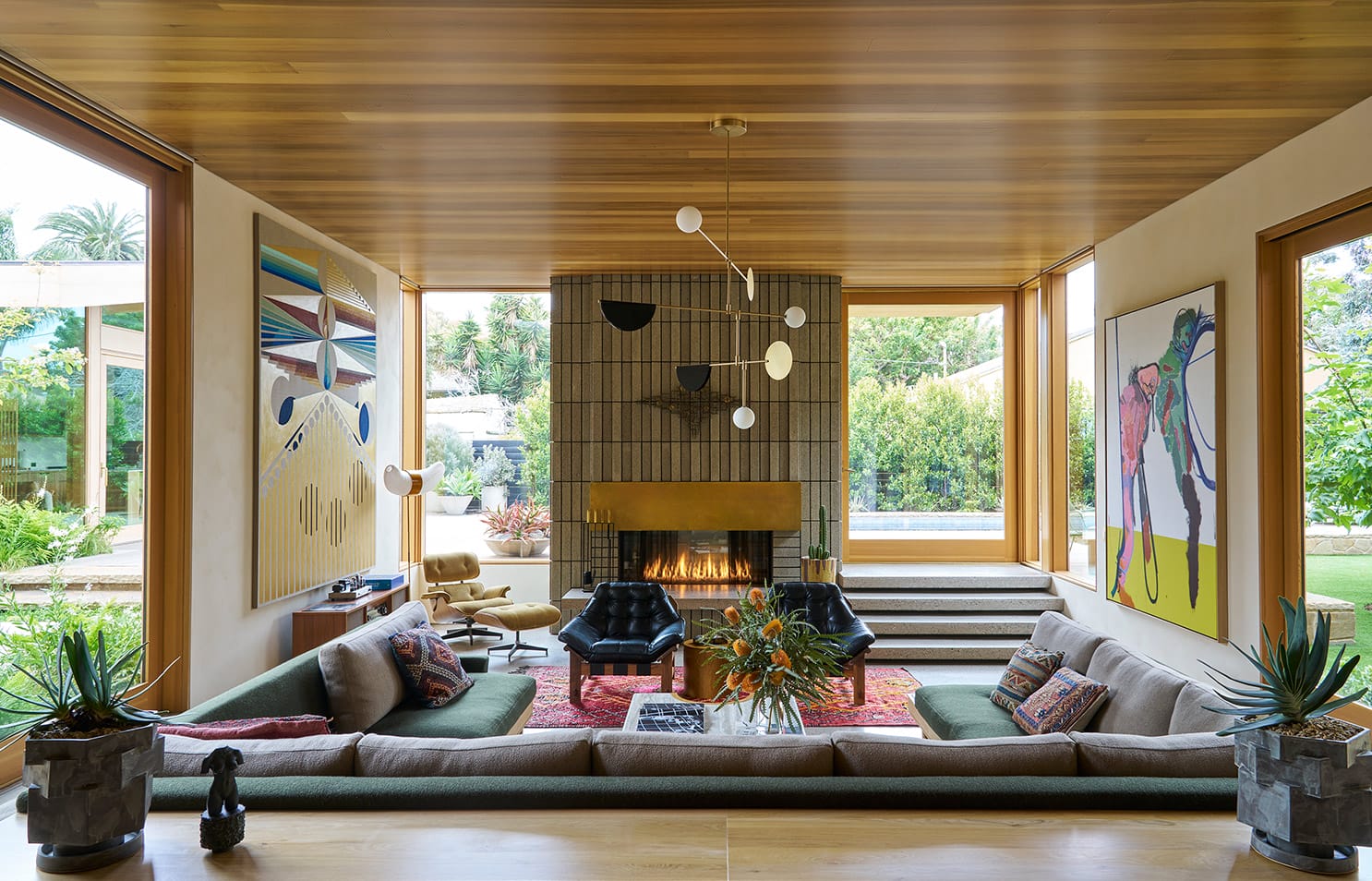 wood paneled living room in venice beach, california residence