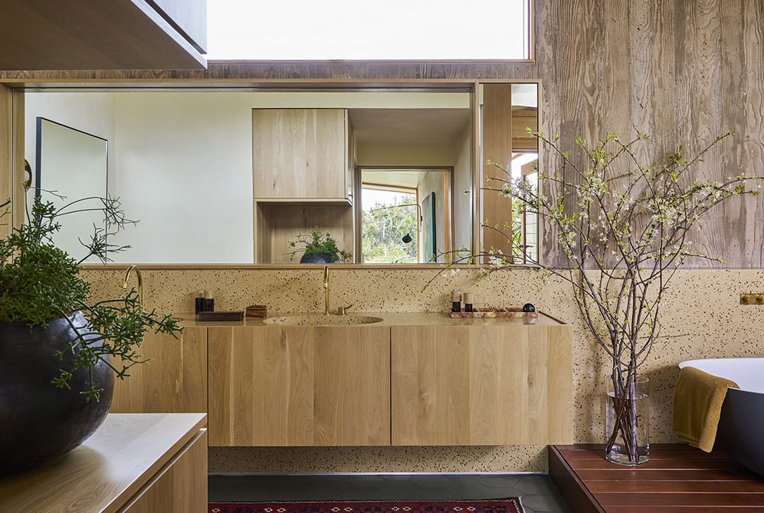 wood clad vanity in venice beach residence